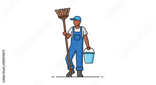 Cartoon Janitor with Broom and Bucket Ready for Cleaning.