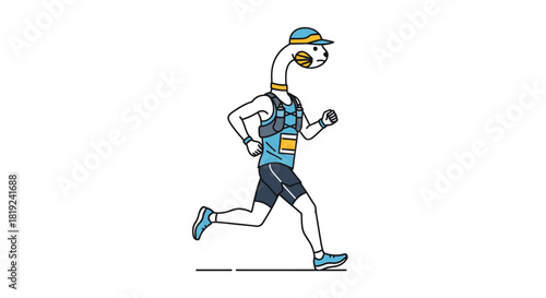Cartoon goose character running in athletic gear.
