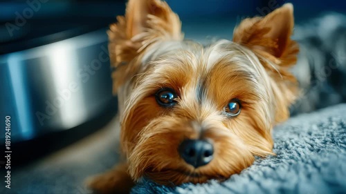 A Yorkshire Terrier resting on a robot vacuum cleaner, animals and technology