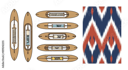 Collection of hand drawn weaving shuttles and traditional ikat pattern.