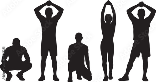 Various athletic human figures perform stretching exercises against a transparent backdrop silhouetted beautifully