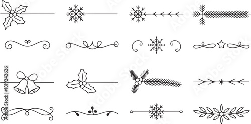 Various christmas dividers showcase snowflakes, holly, bells, pine boughs and leaves on transparent background