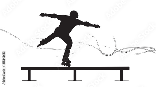 Dynamic silhouette of a rollerblader performing a trick on a rail, showcasing urban sports and active lifestyle, perfect for action packed designs and youth focused projects