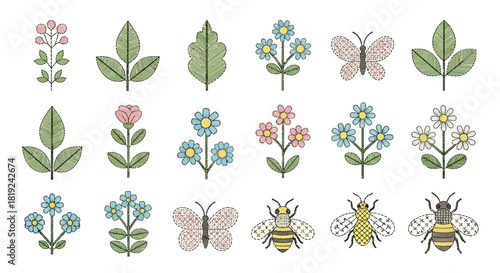 Collection of stylized flowers, leaves, butterflies, and bees in a flat design.