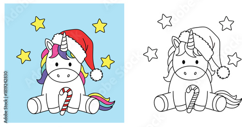 Cute sitting unicorn wearing Santa hat and holding candy cane, Christmas coloring page vector illustration with color and black and white outline versions for children activity