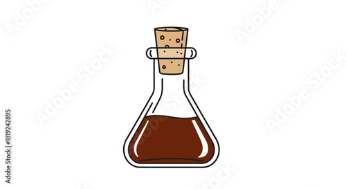 Conical Flask with Brown Liquid and Cork Stopper Illustration.