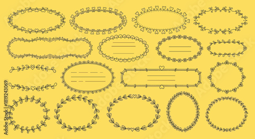 Collection of decorative oval and rectangular frames with floral and geometric elements on yellow background.