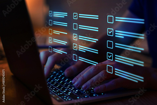 filling form with checkboxes answers, online questionnaire or survey on virtual screen