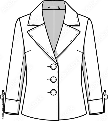 Elegant women’s tailored blazer illustration, stylish fashion design sketch, modern jacket template, apparel flat sketch, vector garment drawing