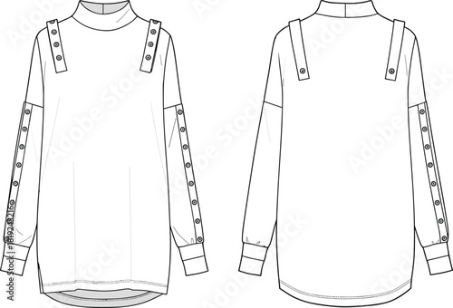 Fashion technical flat of longline tunic top with strap details, button-down sleeves, minimal garment sketch illustration design