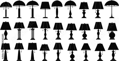 Set of table lamp silhouettes, interior lighting icons, black vector furniture design, bedroom light fixture, home decor isolated symbols collection.