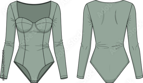 Long sleeve bodysuit illustration featuring structured bustier cups, contour seams, fitted silhouette, snap closure and detailed stitching technical views
