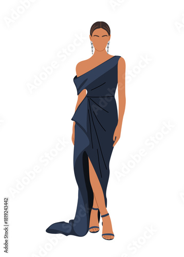 Minimalist vector illustration of a woman in a navy blue one-shoulder evening gown with elegant draping, high slit, silver accessories, and sleek updo on transparent background