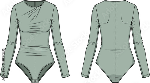 Long sleeve bodysuit illustration with asymmetric gathered neckline, fitted silhouette, snap closure and detailed stitching for fashion templates
