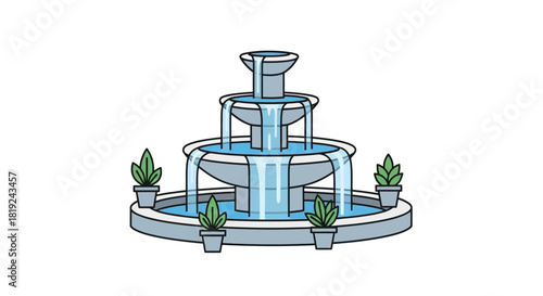 Elegant Tiered Fountain with Lush Green Plants in Potted Surroundings.
