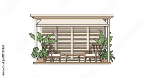 Elegant Terrace Design with Awning Chairs and Greenery Illustration.
