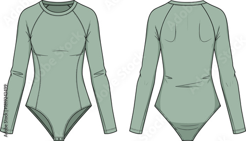 Long sleeve bodysuit illustration with front and back technical views, snap closure and fitted silhouette for fashion design templates