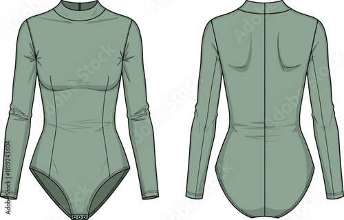 Long sleeve high neck bodysuit fashion flat sketch, detailed front and back technical garment illustration for apparel design template