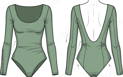 Long sleeve scoop neck bodysuit illustration featuring dramatic deep scoop back, fitted silhouette, stitching details for fashion design templates