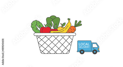 Fresh groceries in a basket with a local delivery truck.