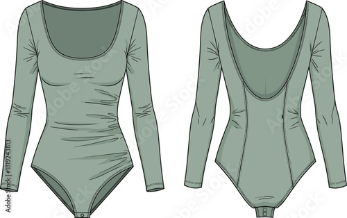 Long sleeve scoop neck bodysuit illustration with deep scoop back, fitted silhouette, snap closure and detailed stitching technical views