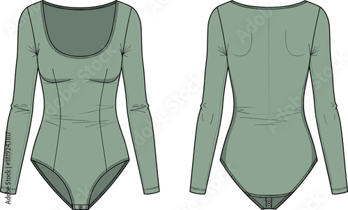 Long sleeve scoop neck bodysuit illustration with fitted silhouette, snap closure, subtle seam details and front back technical views