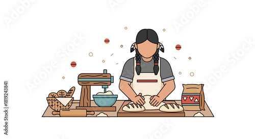 Girl Baking Bread with Mixer and Flour on Table.