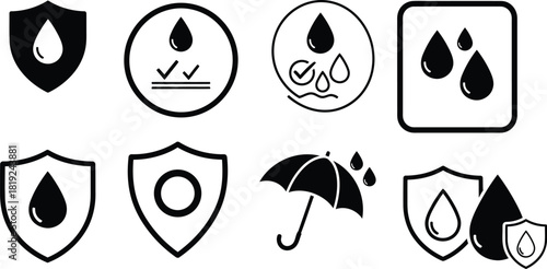 Waterproof and water resistant icons set in black and white line art