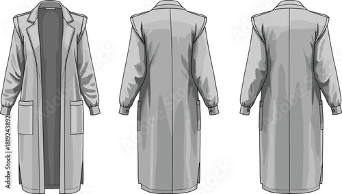 Long tailored overcoat illustration with front and back technical views, lapel collar, pockets, and shading for fashion design use