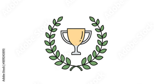 Golden trophy cup award surrounded by a green laurel wreath.