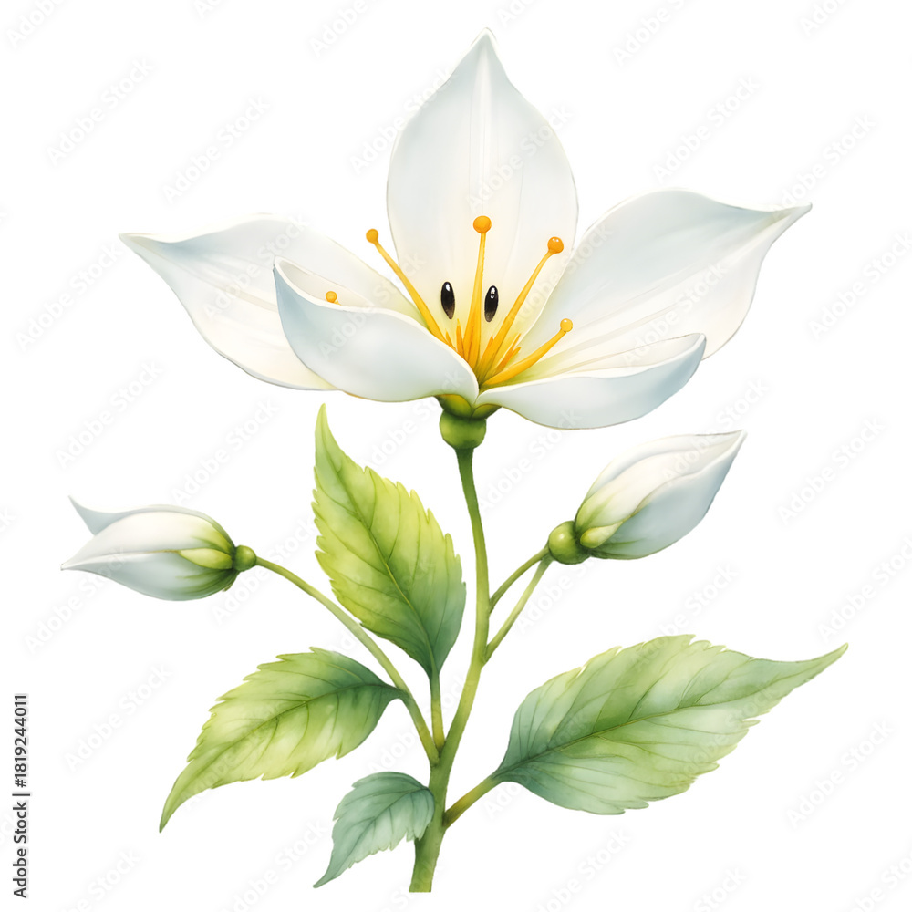 Naklejka premium Watercolor Winter Flowers Clipart with Icy White, Muted Blue, and Soft Green Blooms – Snowdrop, Hellebore, Camellia, Crocus, Anemone, and More – Transparent Background