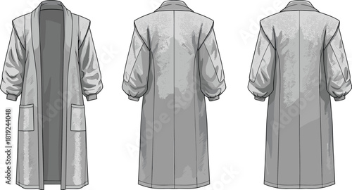 Long textured overcoat illustration showing front and back technical views for winter fashion design, apparel templates, and digital artwork use