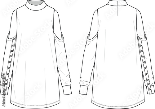 Longline cold-shoulder tunic top fashion flat, technical garment sketch with button-detail sleeves, minimalist apparel design illustration