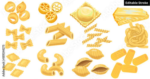 "Italian Pasta Shapes Clipart Set – Tortellini, Ravioli, Farfalle & More Editable Stroke Pack"
