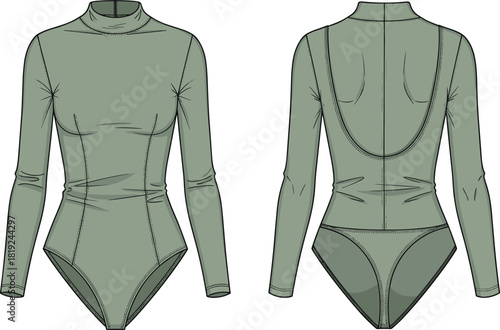 Mock neck long sleeve bodysuit illustration with deep scoop back, fitted silhouette, panel seams and detailed stitching for templates
