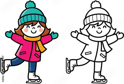 Cute cartoon girl ice skating coloring book page vector illustration. Happy child in winter clothes practicing winter sports. Color and black and white outline version.
