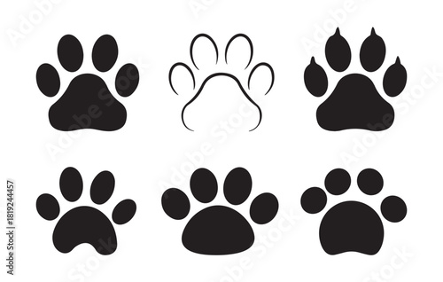 Black paw prints vector collection featuring six distinct animal foot tracks on white background