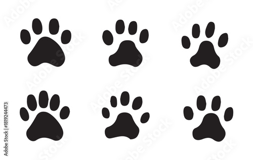 Collection of six identical black paw prints vector illustration on clean white background
