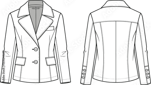 Women’s tailored blazer fashion flat sketch, formal jacket vector template, double button design, technical clothing illustration, apparel