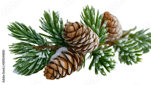 A green pine branch with brown cones and snow isolated on a white background, a frosty winter fir twig for Christmas decoration, a natural evergreen plant close-up, a holiday nature object.