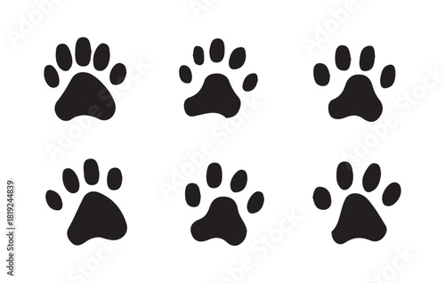 Set of six classic black paw prints vector design for pets on isolated white background