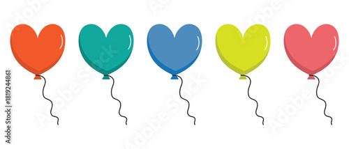 Balloon heart. Hearts of balloons in flat style. Bunch of balloons for love, birthday and party. Flying balloon with rope. Balls isolated on white background. Icons for celebrate and carnival. Vector