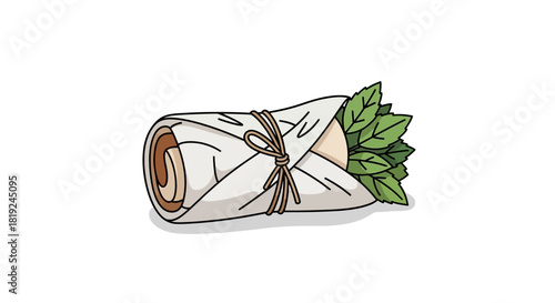 Hand drawn illustration of a delicious wrap sandwich with fresh green leaves.