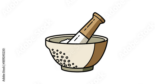 Hand drawn mortar and pestle illustration on white background.