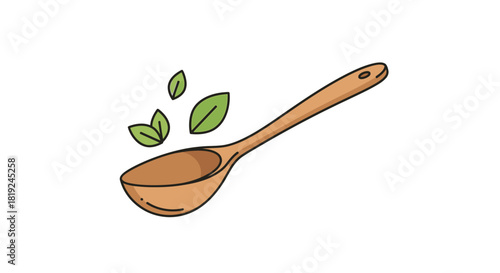 Hand drawn wooden spoon with fresh green leaves illustration.