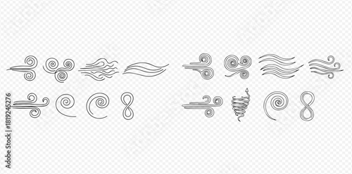 Set of hand-drawn wind and air swirl icons for weather and movement concepts.