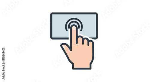 Hand with index finger touching a digital screen icon.
