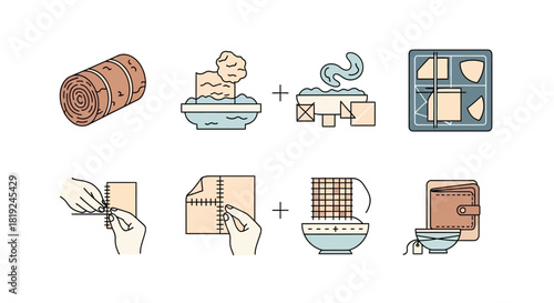 Handmade Craft and Food Preparation Process Color Icon Set.
