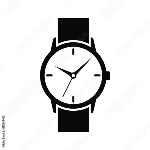 Black and white icon of a classic wristwatch with a leather band symbol time