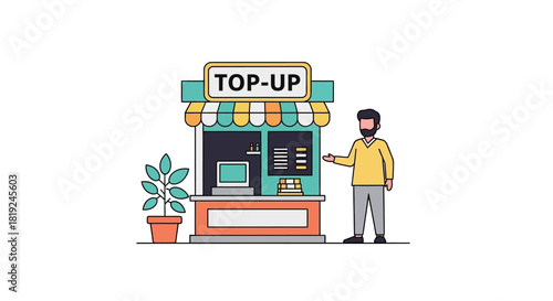 Illustration of a Top-Up Shop with a Customer.